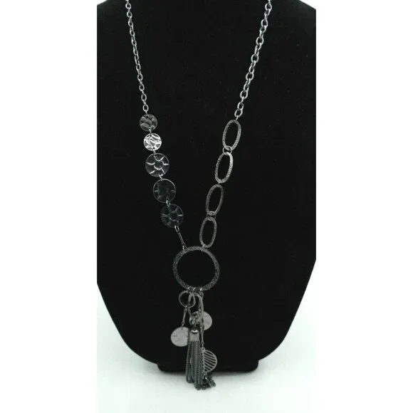 Textured Silver Tone Long Statement Necklace With Layered Coin Pendants & Tassel - Picture 2 of 6